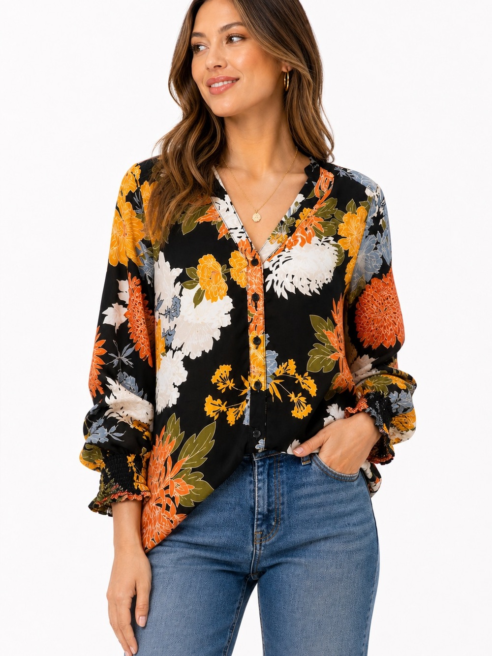 RD & Koko Anthropologie Size Medium Floral Women's‎ Top - Black, Orange, White